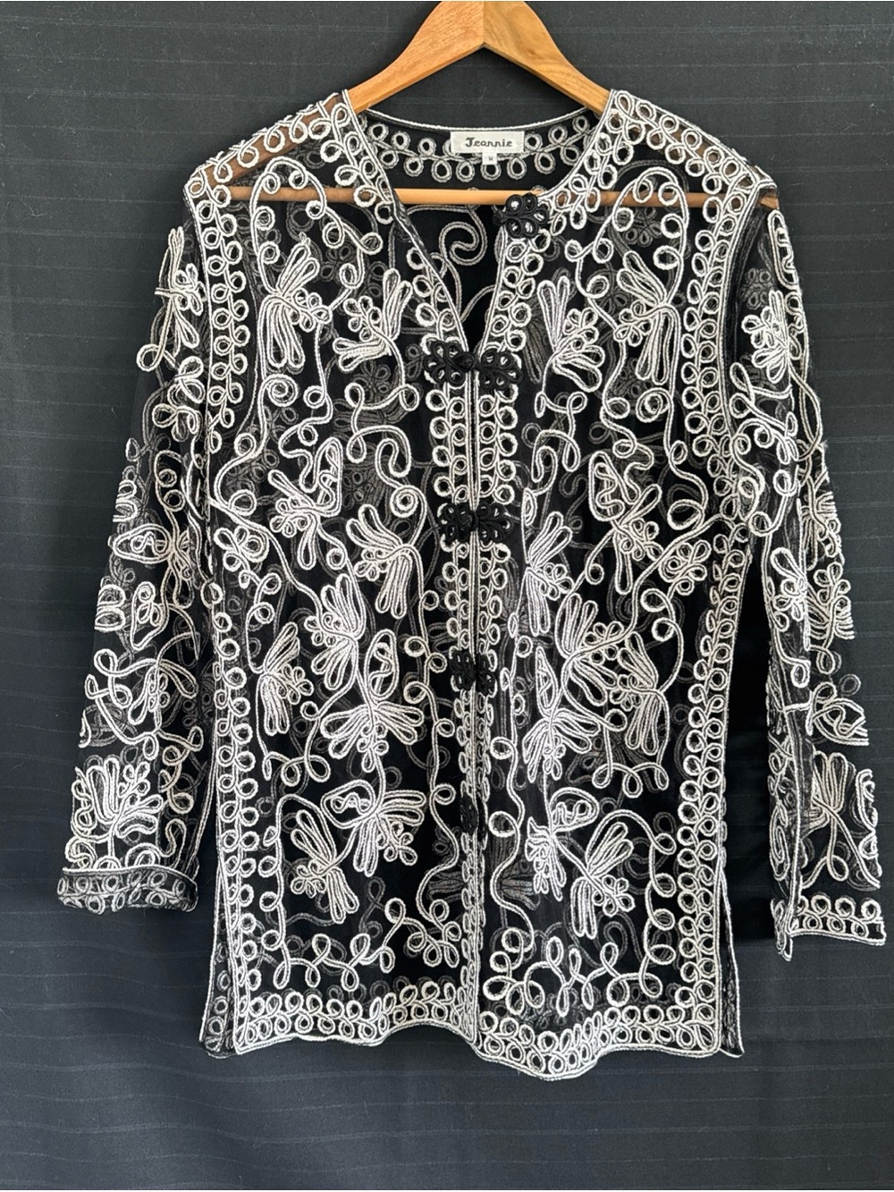 Jeannie Sheer Black Silver Corded Embroidered Dress Evening Jacket Womens M
